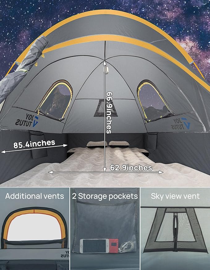 JOYTUTUS Pickup Truck Tent 5ft 2.0, Waterproof PU2000mm Double Layer for 2 Person, Portable Truck Bed Tent with Rainfly - Orange, Aluminum Pole