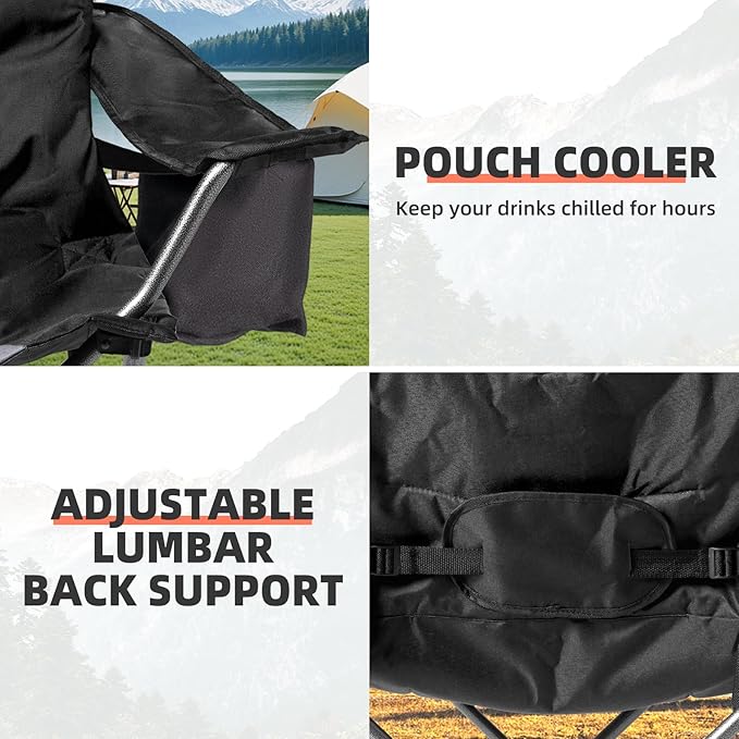 2 Pack Folding Camping Chairs for Adults - High Back Padded Outdoor Lawn Chairs with Lumbar Support & Cup Holder, 400lbs Heavy Duty Portable Camping Chairs Set (Black & Light Gray)