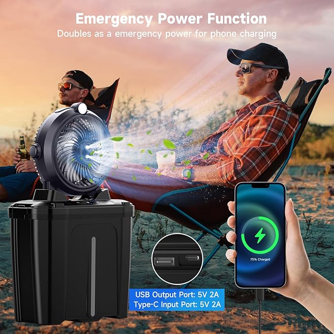 Portable Misting Fan with 11L Large Bucket for Outdoor Patios, 20000mAh Battery Operated Camping Fan with Hanging & Lighting, 3 Speed & 3 Spray Outlets, Rechargeable Fans for Fishing Garden