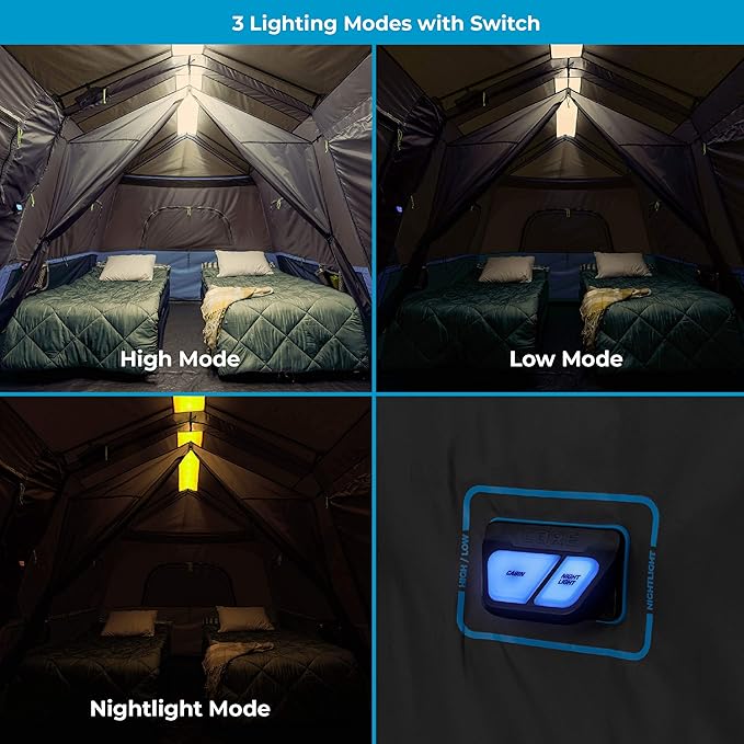 CORE Instant Cabin Tents with LED Lights | 6 Person / 9 Person / 12 Person Family Multi Room Lighted Pop Up Tents for Camping | Included Storage Pockets for Camping Accessories