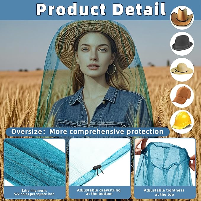 Oversized Mosquito Net 42 x 25 Inches Ultra Large Mosquito Head Net Face Neck Fly Mesh Netting Fits All Hats for Outdoor Camping Hiking Fishing Gardening Safari(Blue)
