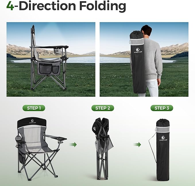 ALPHA CAMP Oversized Mesh Back Camping Folding Chair Heavy Duty Support 350 LBS Collapsible Steel Frame Quad Chair Padded Arm Chair with Cup Holder Portable for Outdoor (Black/Grey)