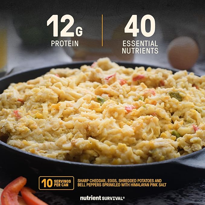 Nutrient Survival MRE Homestyle Scramble Eggs, Ready to Eat Meals (10 Servings) Freeze Dried Prepper Supplies & Emergency Food Supply, 40 Essential Nutrients, Shelf Stable Up to 25 Years, One Can