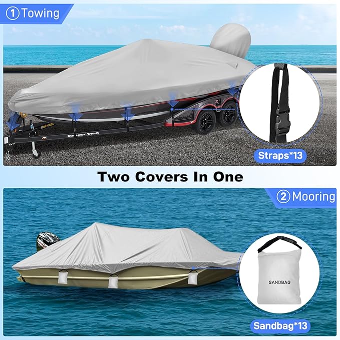Boat Cover 14-16ft, Bass Tracker Boat Cover with Sand Bag Mooring Kit, 1200D Marine Canvas Waterproof Heavy Duty Boat Covers for 14 feet 15ft 16' Foot V Hull Bass & Runabout Boat,Gray