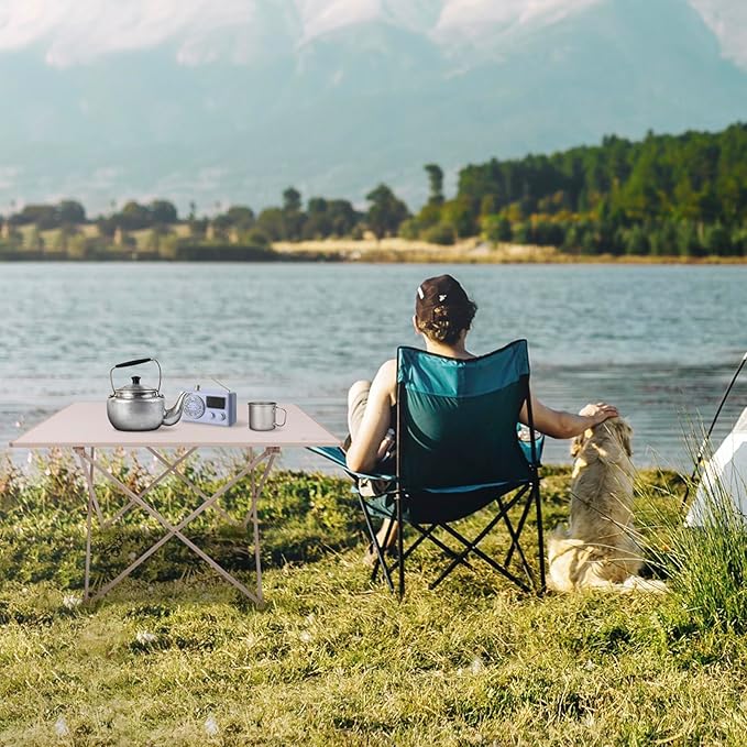 PTEROMY Folding Camping Table, Portable Beach Table with Ultralight Aluminum Tabletop for Travel, Outdoor, Camping, Picnics, and BBQs (Medium, Beige)