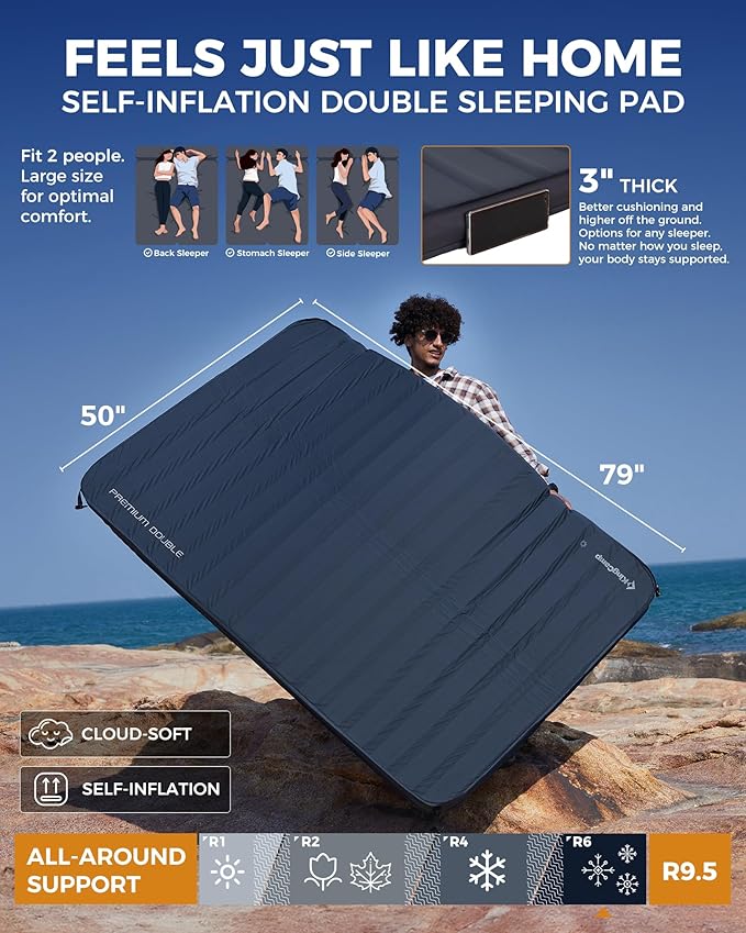 KingCamp Double Sleeping Pad, 2 Person Queen R 7.1/7.9 Self Inflating Sleeping Pad, 3" Ultra Thick Full Size Foam Mattress Mat for Outdoor Camping Tent Car, PVC Free (Grey)