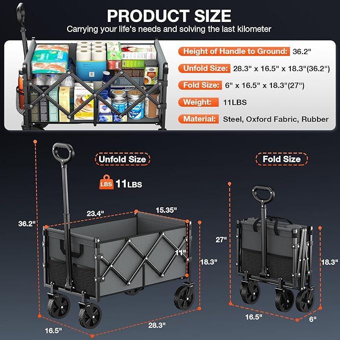 Foldable Wagon with Wheels, Portable Heavy Duty Collapsible Beach Cart - Large Capacity Utility Wagon for Shopping, Sports, Camping,Garden,Grocery - Grey