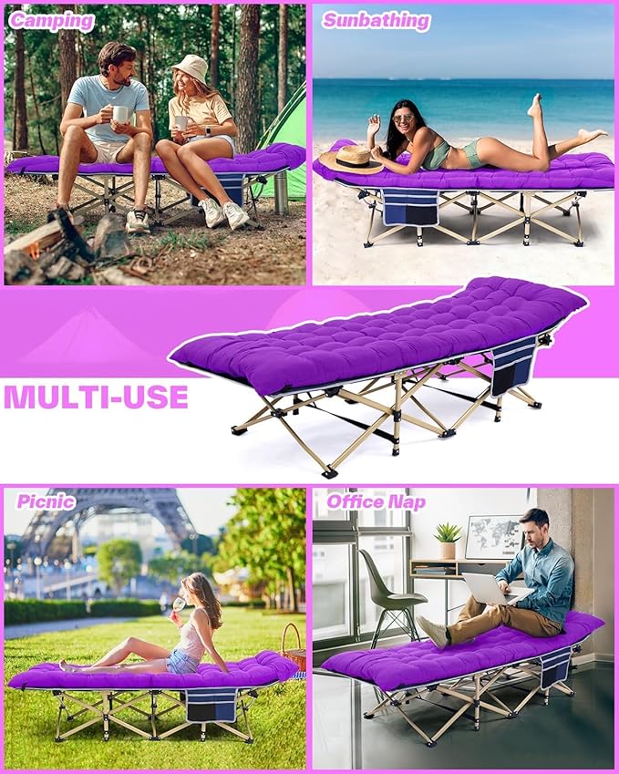 Sportneer Camping Cot, Camping Cots for Adults with Mattress Max Load 450 LBS Heavy Duty Portable Sleeping Folding Bed with Padded for Camping Tent Office Outdoor Travel Sleep Over (1, Blue+Purple)