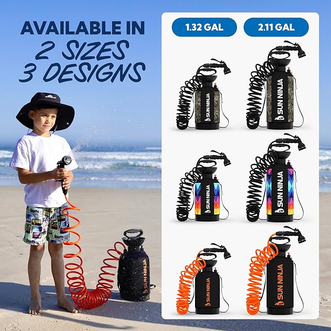 SUN NINJA Portable Shower, 2.1Gal Camping Shower with 7 Mode Shower Head, Neoprene Cover Helps Keep Water Warm, High Pressure Hose, Easy to Carry, Multi-Color