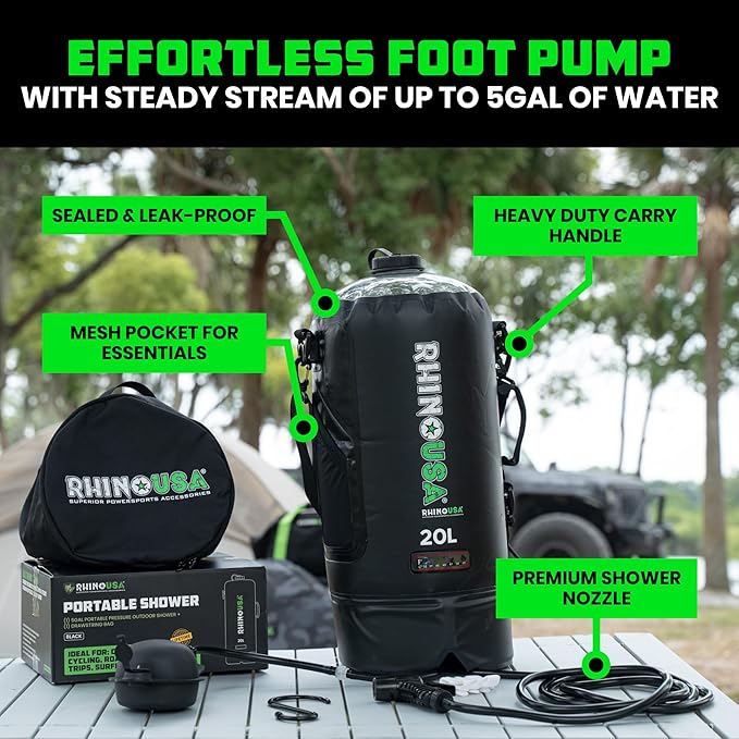 Rhino USA 5 Gal / 20L Portable Solar Camp Shower - Essential for Camping, Festivals, Overlanding, Beach Trips, Outdoor Shower and More!