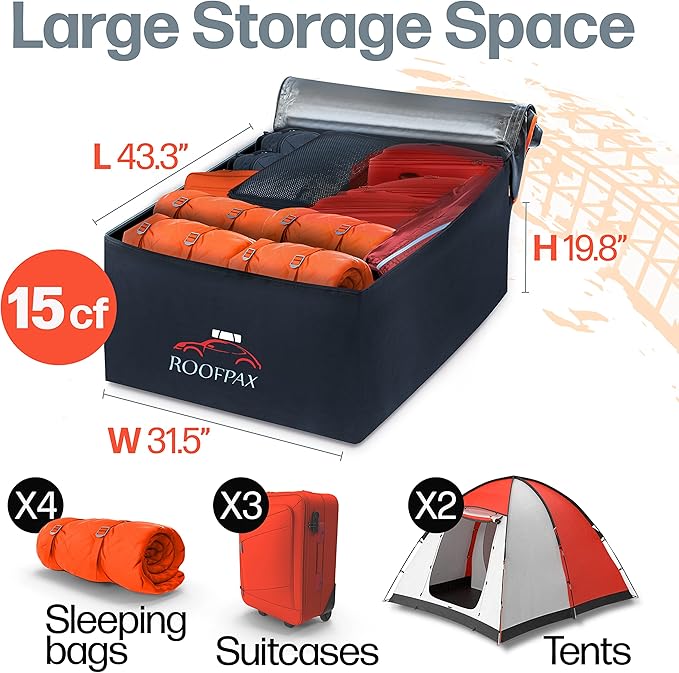 RoofPax Car Rooftop Cargo Carrier Bag Waterproof Storage - Including Double Zippers15 cft. with Heavy-Duty Tie-Down Straps fit Cars with/Without Roof Top Rack or Side Rails.