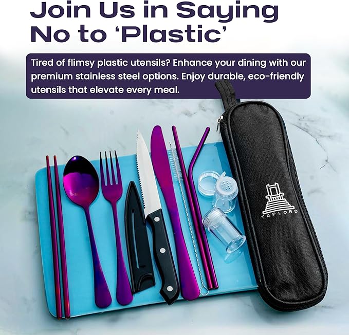Portable Travel Silverware Set With Case, Includes 10 Pcs of Travel Utensils With Case, Stainless Steel Flatware Set For Camping, Lightweight (Purple)