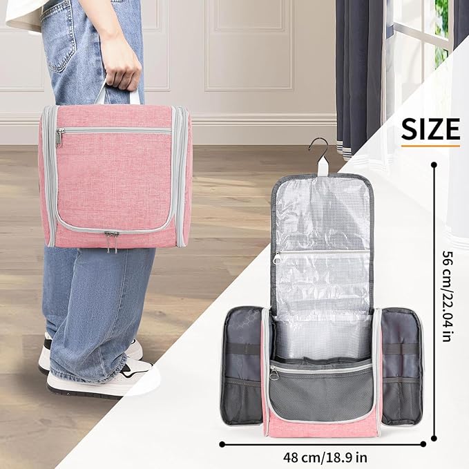 Della Gao Big Capacity Portable Travel Hanging Toiletry Bag Men and Women, Cosmetics Makeup Bag Toiletries Organizer, Water-Resistant Nylon Bathroom Bag, Pink