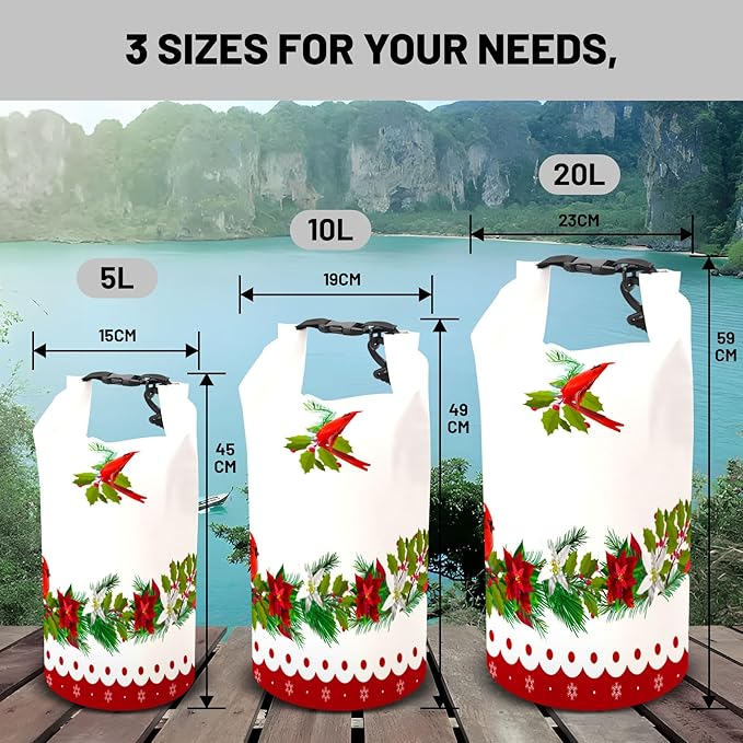 Waterproof Dry Bag,Roll Top Christmas Poinsettia Flower Pine Cones Small Waterproof Backpack 5L/10L/20L Floating and Lightweight Bags for Kayaking, Boating, Fishing, Swimming and Camping