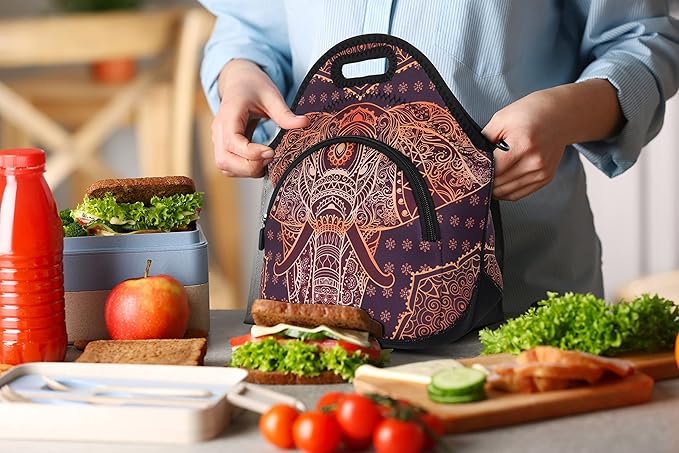 Violet Mist Neoprene Thermal Insulated Lunch Bag Cute Animal Lunch Bag Tote with Extra Pocket Detachable Adjustable Shoulder Lunchbox Food Handbags Picnic Work Gifts for Women men, Retro Elephant 2