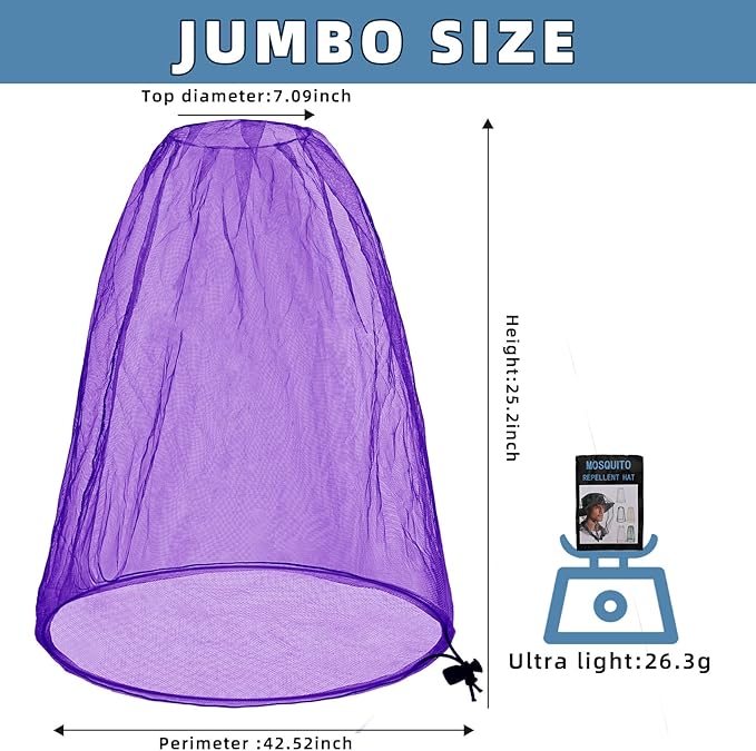 Oversized Mosquito Net 42 x 25 Inches Ultra Large Mosquito Head Net Face Neck Fly Mesh Netting Fits All Hats for Outdoor Camping Hiking Fishing Gardening Safari(Purple)