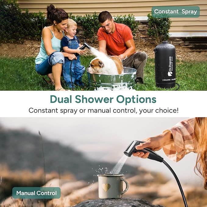 DR.PREPARE Camping Shower, 5 Gallons/20L Portable Shower with Foot Pump, Large Water Inlet, Outdoor Camp Shower Bag for Camping, Beach, Hiking, Climbing