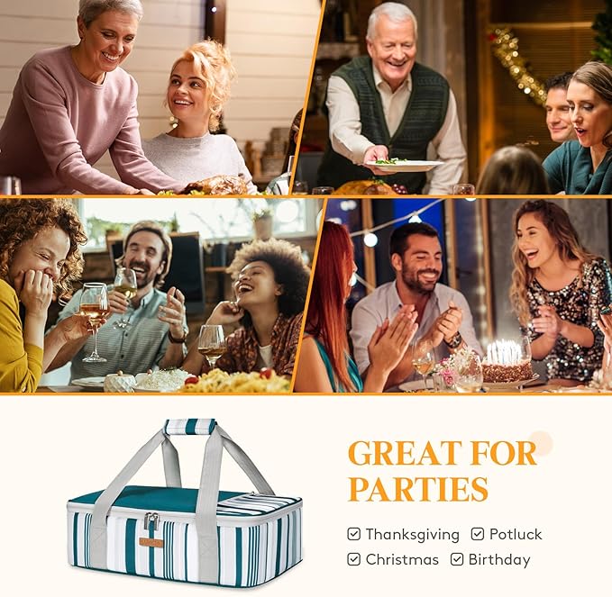 Insulated Casserole Carrier for Hot or Cold Food, Lasagna Lugger Tote for Potluck Parties/Picnic/Cookouts, Fits 9"x13" Baking Dish, Green