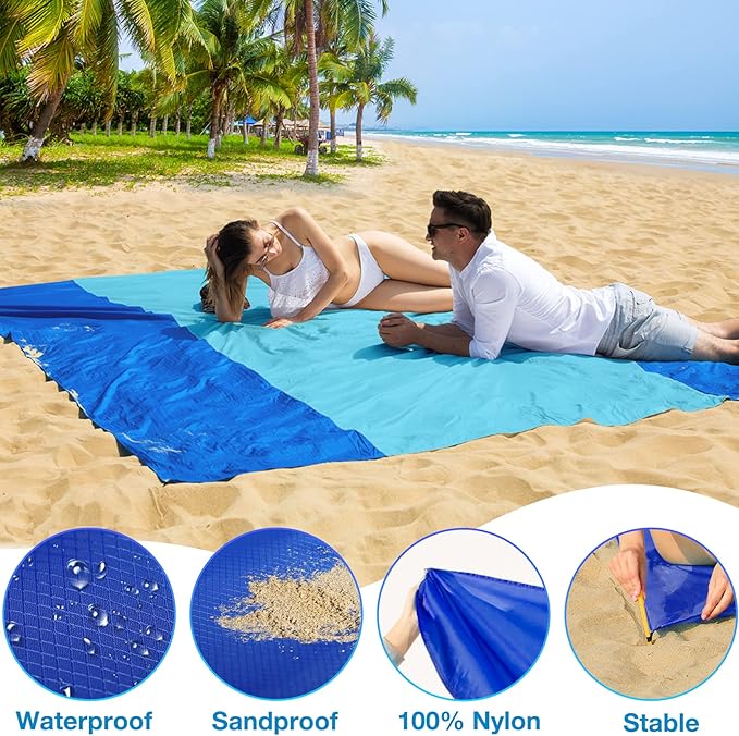 BYDOLL Nylon Beach Blanket Waterproof Sandproof Oversized 7'x7' Suits 1-5 Adults Sand Free Extra Large Blanket Lightweight Soft Picnic Mat for Beach Travel Camping