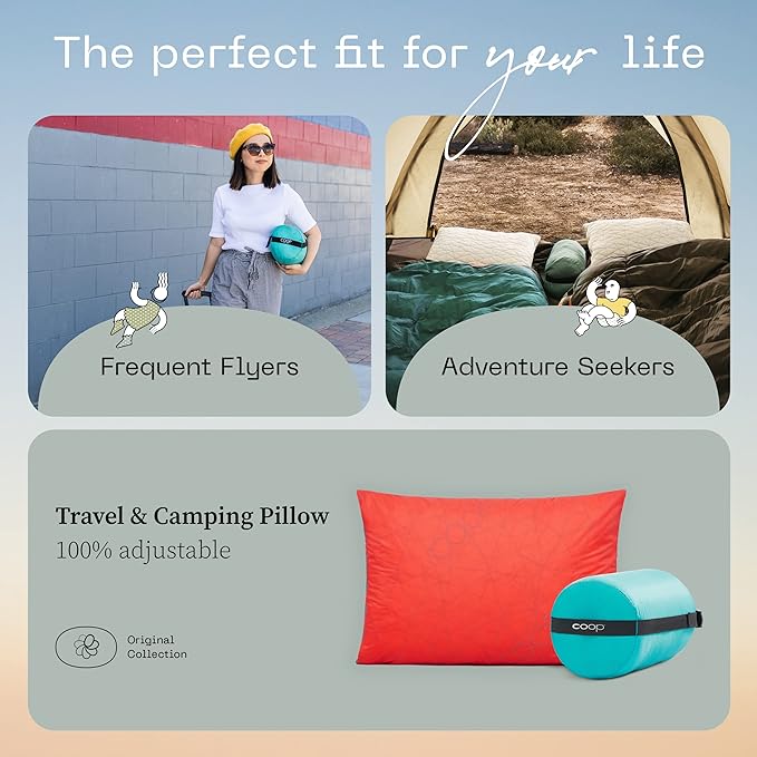 Coop Home Goods Original Adjustable Travel Pillow and Waterproof Pillow Protector Red Bundle with Compressible Stuff Sack, Medium-Firm Memory Foam and Washable Cover, CertiPUR-US Certified (19x13)