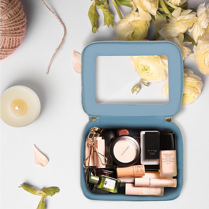Prite Clear Makeup Bag Cosmetic Organizer Case Waterproof Travel Toiletry Bag Skincare Pouch with Golden Zipper(Blue)