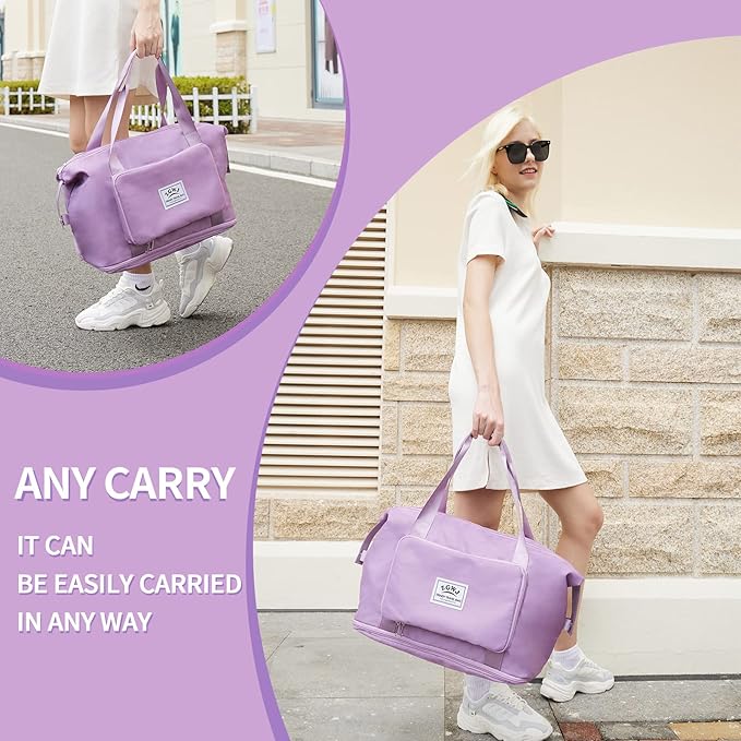 Expandable Travel Duffel Tote Bag - Foldable Overnight Weekender, Carry-On, Swim & Gym Bag - Fits Spirit Airlines Personal Item Size - Lightweight, Waterproof & Durable with Trolley Sleeve,Purple