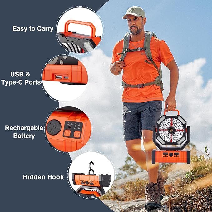 Rechargeable Fan,Operated Camping Battery Powered Fan with Hook&Bright LED Light,Remote Control Timer Auto Oscillation Cordless Outdoor for Power Outage,Picnic,Barbecue,Jobsite,Home,Fishing,Travel