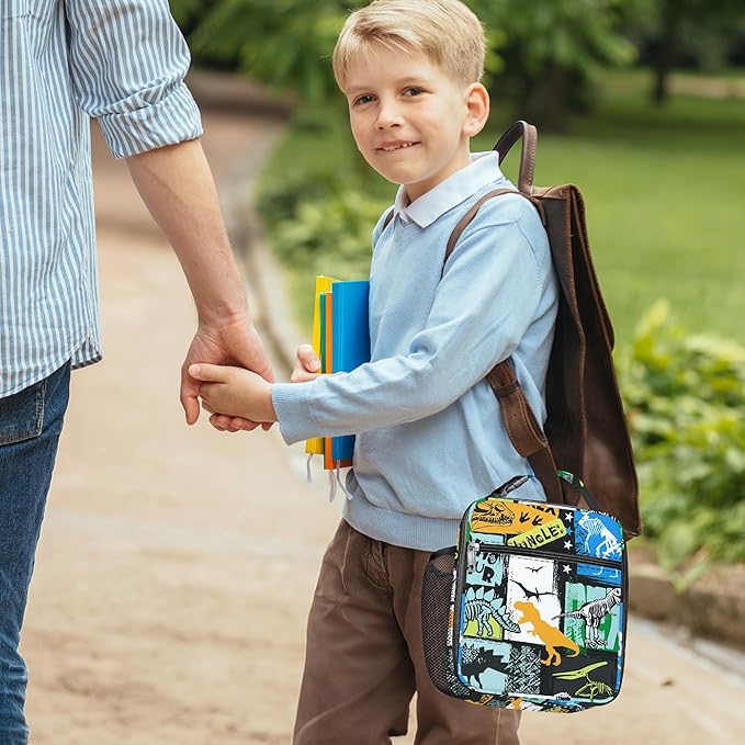 Clastyle Black Dinosaur Insulated Lunch Bag for Kids, Portable Large Thermal Cooler Lunch Bag for Boys, School Lunch Box Bag with Bottle Holder