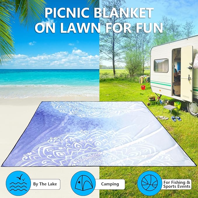 Beach Blanket Waterproof Sandproof Extra Large Beach Mat 79" X 83"/120"x108"for 1-8 Adults Quick Drying Durable Outdoor Picnic Mat for Beach Travel Camping Hiking