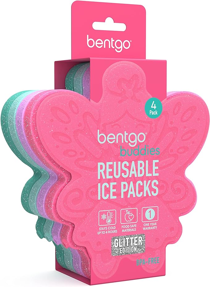 Bentgo Buddies Glitter Reusable Ice Packs - Slim Ice Packs for Lunch Boxes, Lunch Bags, and Coolers - Multicolored 4-Pack (Fairy)