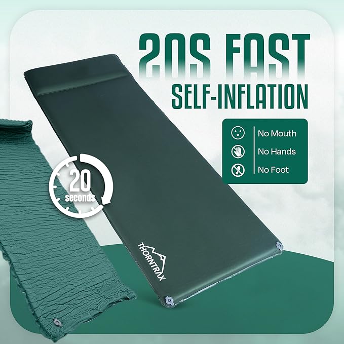 Throntrax Camping Sleeping Pad - Ultralight Camping Mat with Pillow Built-in - 3.1" Thick | Self-Inflating & Suitable for All Seasons - Compact Sleeping Pad for Camping - Green
