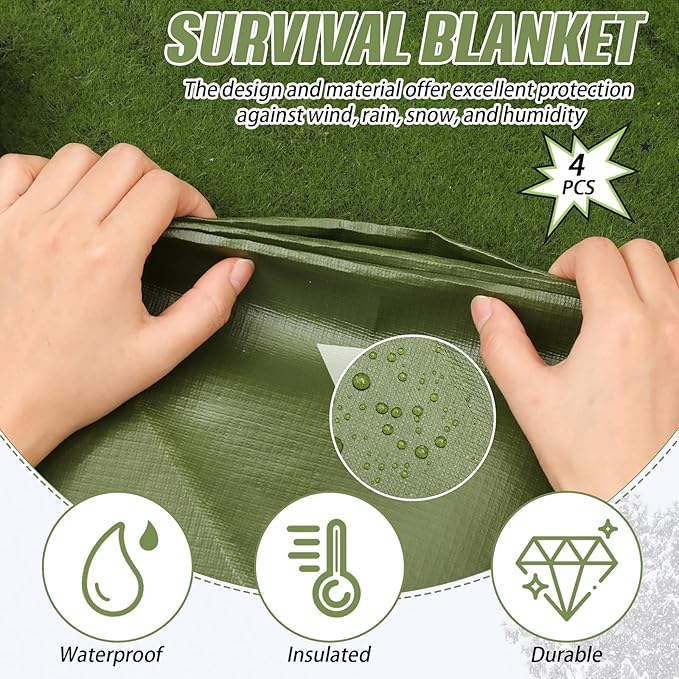 Kanayu 4 Pcs Emergency Thermal Survival Blankets 82 x 60 Inch,Heavy Duty Emergency Poncho Tarp Reusable Waterproof Blanket for Car,Camping,Hiking(Olive Green)