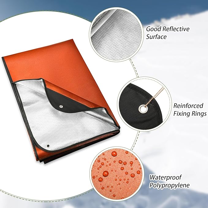 Kanayu 4 Pcs Emergency Thermal Survival Blankets 82 x 60 Inch,Heavy Duty Emergency Poncho Tarp Reusable Waterproof Blanket for Car,Camping,Hiking(Olive Green, Orange)