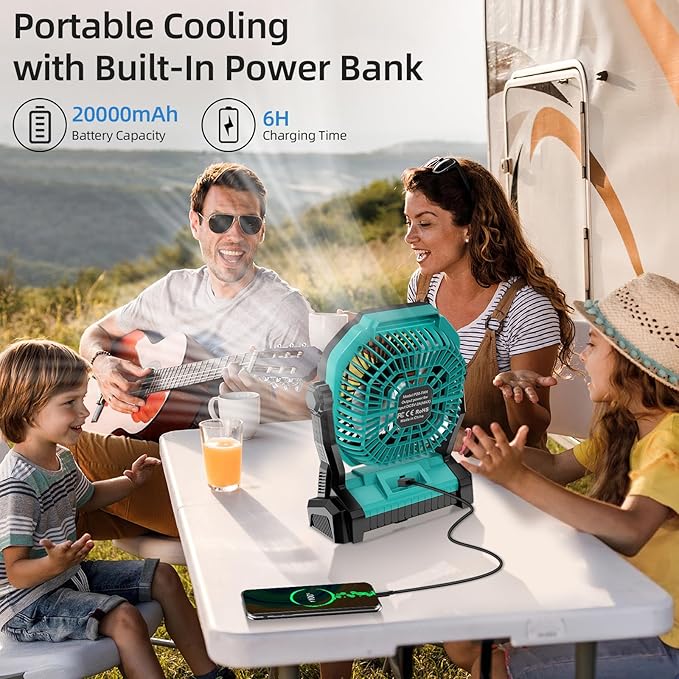 Camping Fan Rechargeable, 20000mAh Battery Powered Portable Fan with LED Light, 4-Speed 180° Adjustable, Camping Essentials for Tent, Travel, Car, Outdoor, Indoor, BBQ, Fishing, Jobsite - Blue