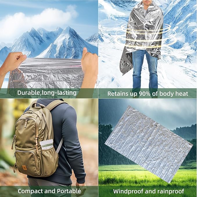 4 Pack Emergency Blanket, Premium Mylar Bankets, Thermal Blanket for Camping, Space Blankets Survival, Foil Blankets for Warmth, Heat Reflective Blanket for Outdoors, Hiking, Marathons, First Aid