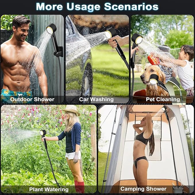 Upgraded 8000mAh & 5 Speed Portable Shower for Camping, LCD Display Rechargeable Camping Shower Head with 4 Spray Modes, IPX8 Waterproof Pocket Outdoor Shower Pump for Hiking, Travel, Car, Pet