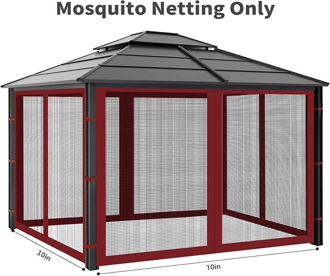 Gazebo Replacement Mosquito Netting Outdoor Universal Gazebo Canopy 4-Panels Screen Sidewalls with Zipper for Patio Garden (Red, 10x10)