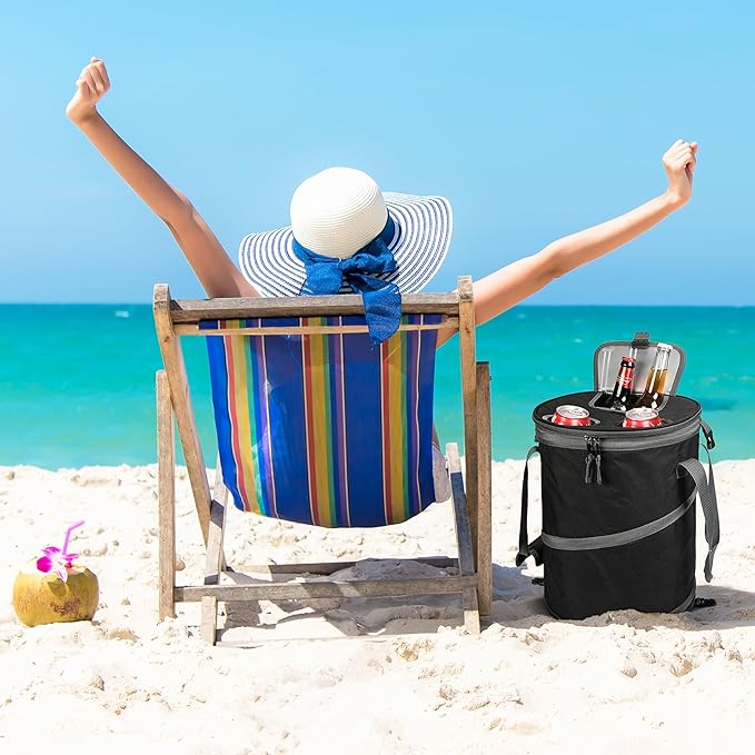 Tirrinia Pop-Up Collapsible Cooler Bag - Insulated, Lightweight with Built-in Cup Holder | Leak-Proof Portable Soft Cooler for Camping, Beach, Picnics, Travel