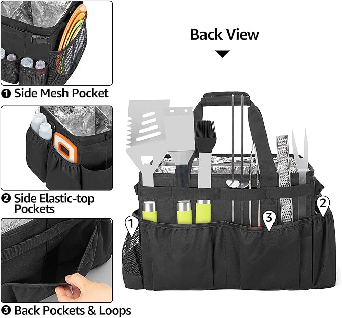Large Grill Utensil Caddy with Paper Towel Holder, Outdoor Picnic Bag Organizer for BBQ Supplies Tool, Tailgating Accessory Basket Camping Gear Must Haves for Cook Essentials, Black, Bag Only