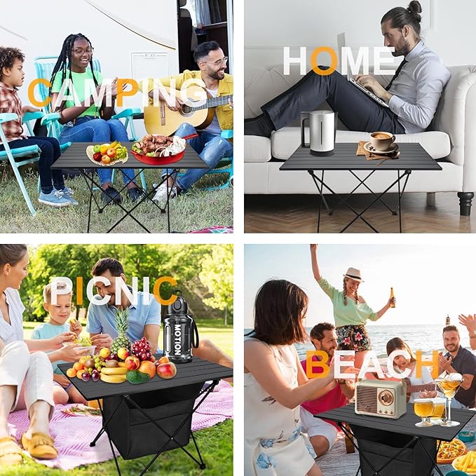 Foldable Camping Side Table, Ultralight Small Beach Table Aluminum, Portable Outdoor Table with Carry Bag and Storage for Picnic, Grill, Hiking, Fishing, Sand, Camping Essentials(L)