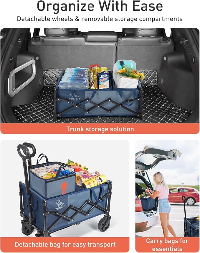 TOURIT Foldable Collapsible Wagon with All Terrain Wheels, Heavy Duty Portable Cart for Camping Beach Shopping, 330 lbs Capacity Utility Cart, Grayish Blue