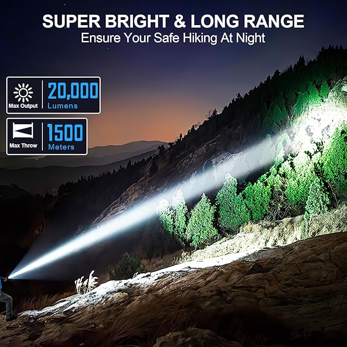 Flashlights High Lumens Rechargeable, 20000 Lumens Super Bright 1500 Meters Long Range Small Powerful Flashlight, 6 Modes LED Tactical Pocket Waterproof Flash Light for Home Emergency (2, Purple)