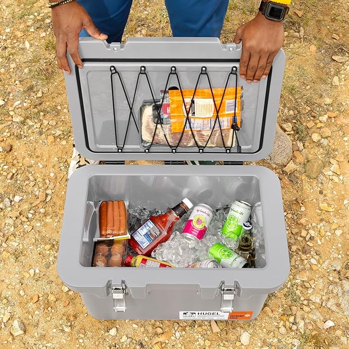 IRIS USA Hugel 44 QT Cooler, Heavy Duty Metal Buckles, Leak-Free Design, Durable Hard Cooler, Ice Chest with Bungee Strap, Molded Handles, Fishing Camping Boat Beach Tailgating Road Trips, Light Gray