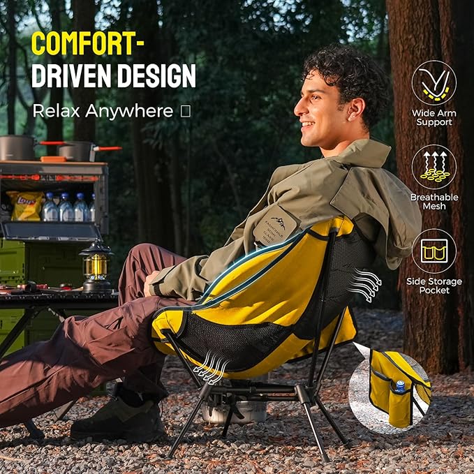 Portable Camping Chair – Compact Lightweight Folding Chair for Adults, Supports 330 lbs – Ideal for Backpacking Hiking, Fishing, Beach, Picnic & Lawn (Yellow)