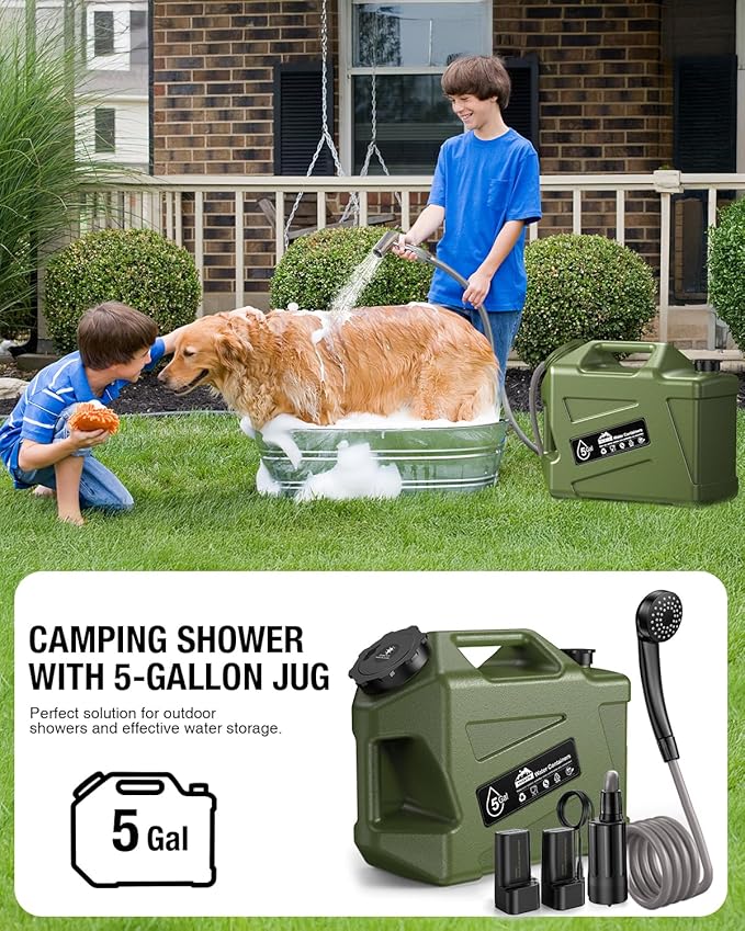 Portable Camping Shower with Water Jug, Electric Rechargeable Camping Shower, 5-Gallon Food Grade Water Containers, Outdoor Camp Pump Water Storage Kit for Hiking Beach, Travel, Pet Bath