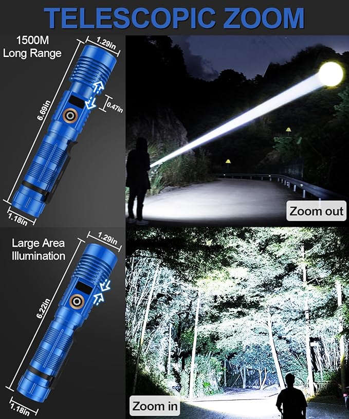 Rechargeable Flashlight High Lumens-12000LM Super Bright Magnetic Flash Light with Power Digital Display,3280Ft Long Range,Dimmable,Waterproof,Pocket LED Flashlights for Emergency Camping 2PC Blue