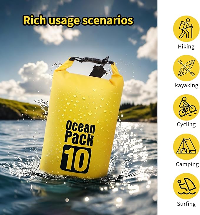 Dry Bag Waterproof for Women Men,15L Rolled Lightweight Dry Storage Bag Backpack with Phone Case for Travel,Swimming,Boating, Kayaking,Camping & Beach,Yellow
