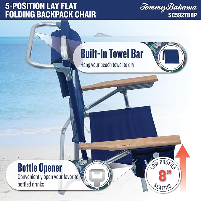 Tommy Bahama 5-Position Classic Lay Flat Folding Backpack Beach Chair, Blue and Green Stripe , 23" x 25.25" x 31.5"