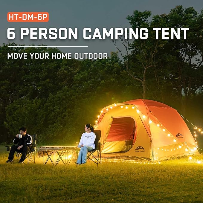 Happy Travel Camping Tent, 6 Person Dome Tents for Camping with Rainfly, Waterproof Clip Easy Setup Portable Family Tent with Mesh Windows, 20% More Headroom Backpacking Tents for Camping & Hiking