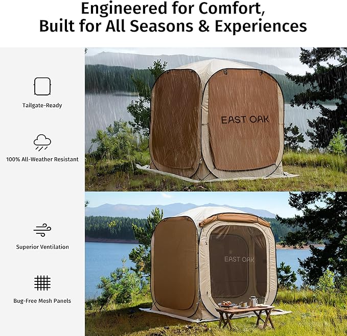 East Oak 6ร6 FT Pop Up Canopy Tent with Mesh | Outdoor Screen House with 4 Sunshades | Instant Canopy with Portable Carry Bag | Gazebo Tent for Camping, Patio, and Beach | Beige